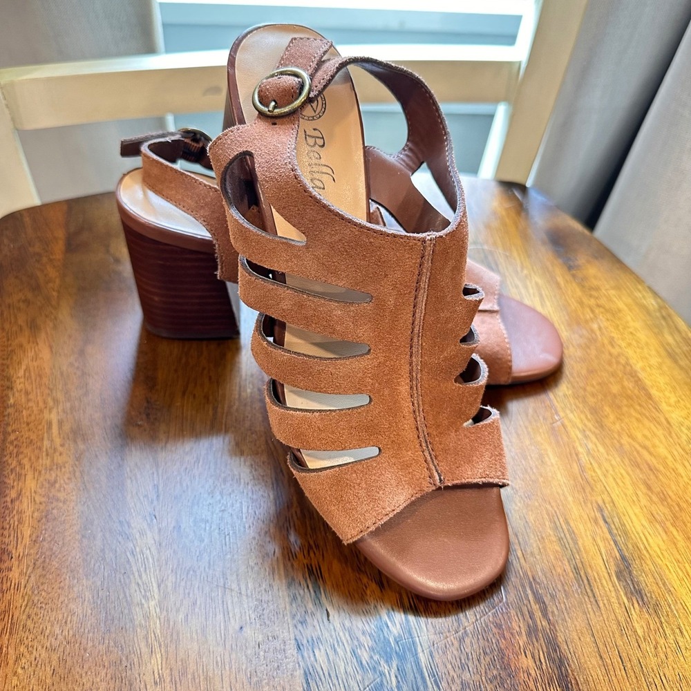 Bella Vita Block Heel Sandals Womens 6M Brown Leather Laser Cut Cage Slingback